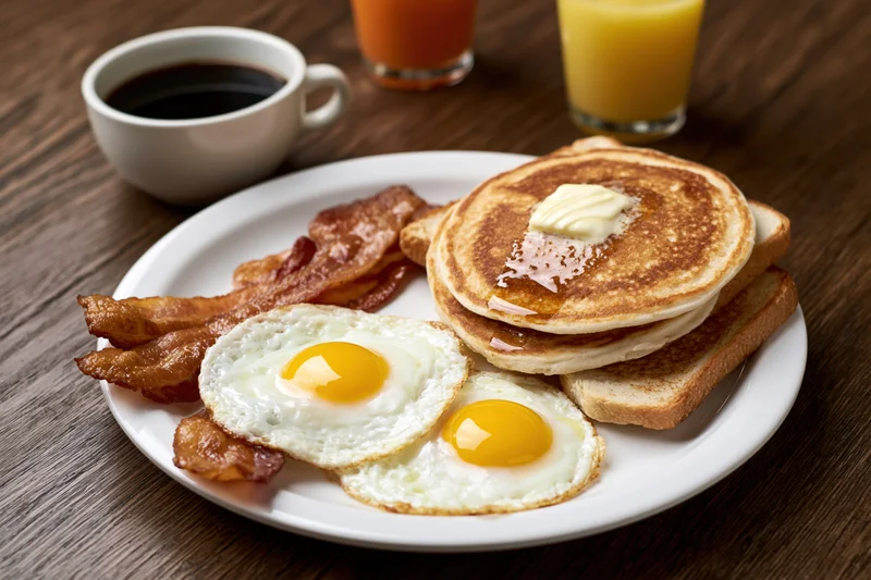 Classic american diner breakfast plate with pancakes, eggs, bacon, toast, coffee and orange juice on dark wooden table