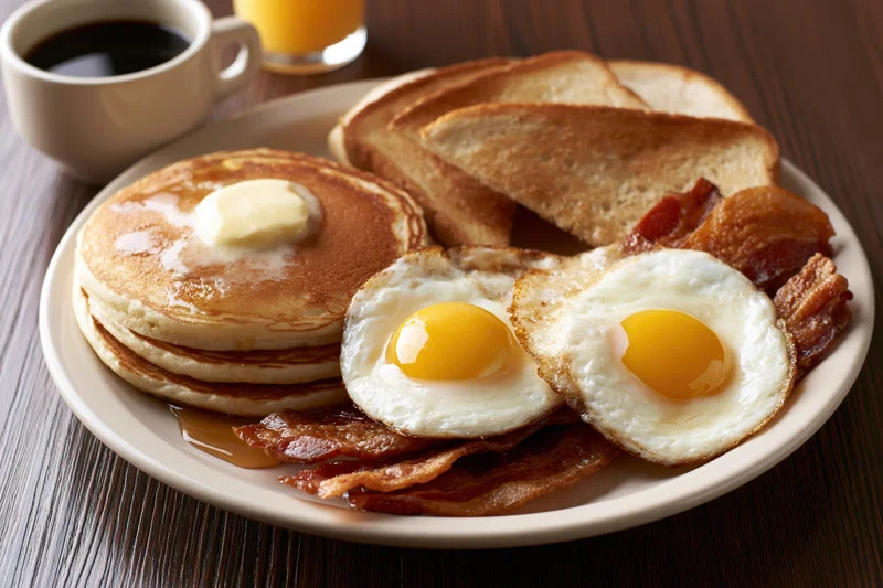 Classic american diner breakfast plate with pancakes, eggs, bacon, toast, coffee and orange juice on dark wooden table