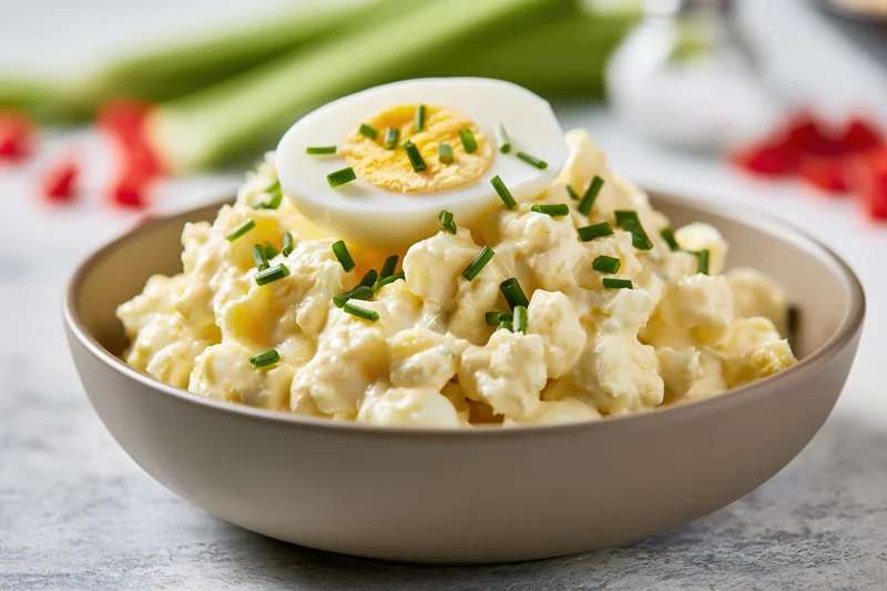 Classic egg salad in a matte taupe ceramic bowl topped with a halved hardboiled egg and chopped chives