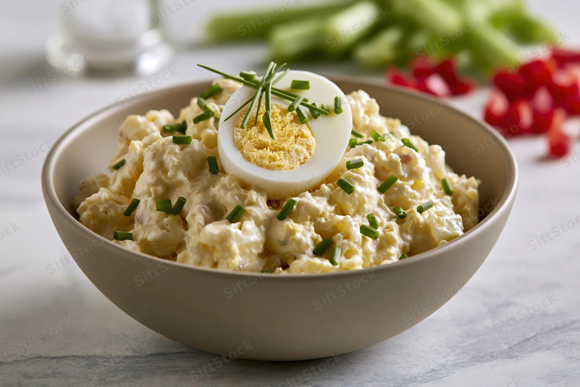 Classic egg salad in a matte taupe ceramic bowl topped with a halved hardboiled egg and chopped chives