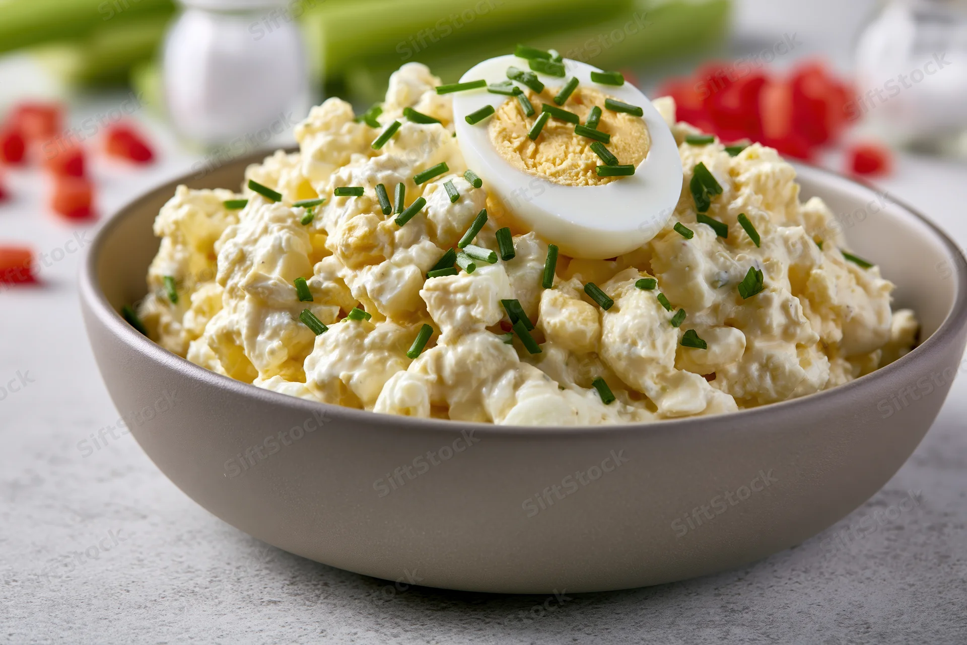 Classic egg salad in a matte taupe ceramic bowl topped with a halved hardboiled egg and chopped chives, surrounded by celery, red pepper, and garlic on a light countertop