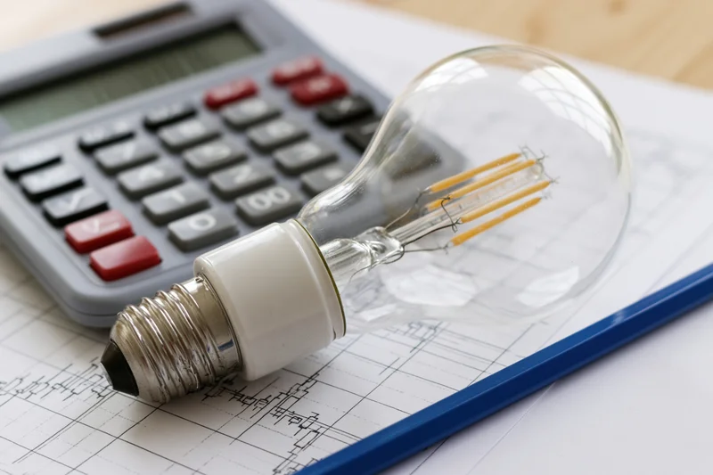 Clear led filament bulb resting on architectural blueprint with grey calculator nearby on desk