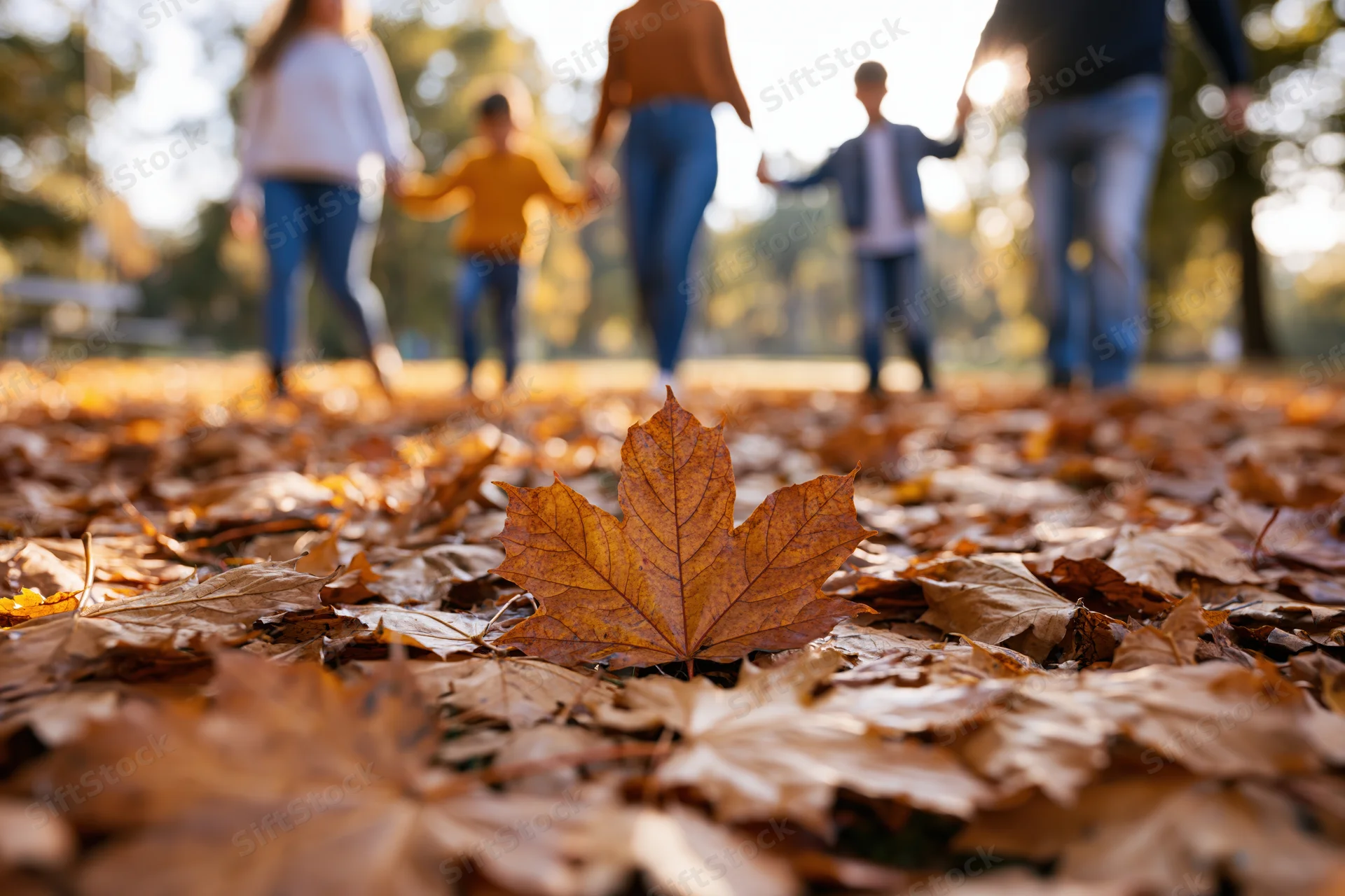Close-up of fallen autumn maple leaves on ground with family walking in background holding hands in park