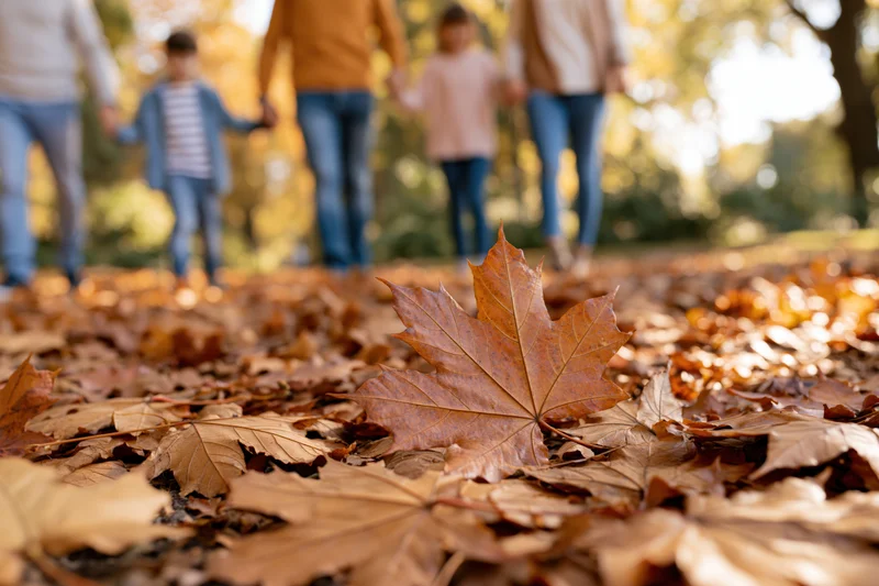 Closeup of fallen autumn maple leaves on ground with blurred family walking in park behind
