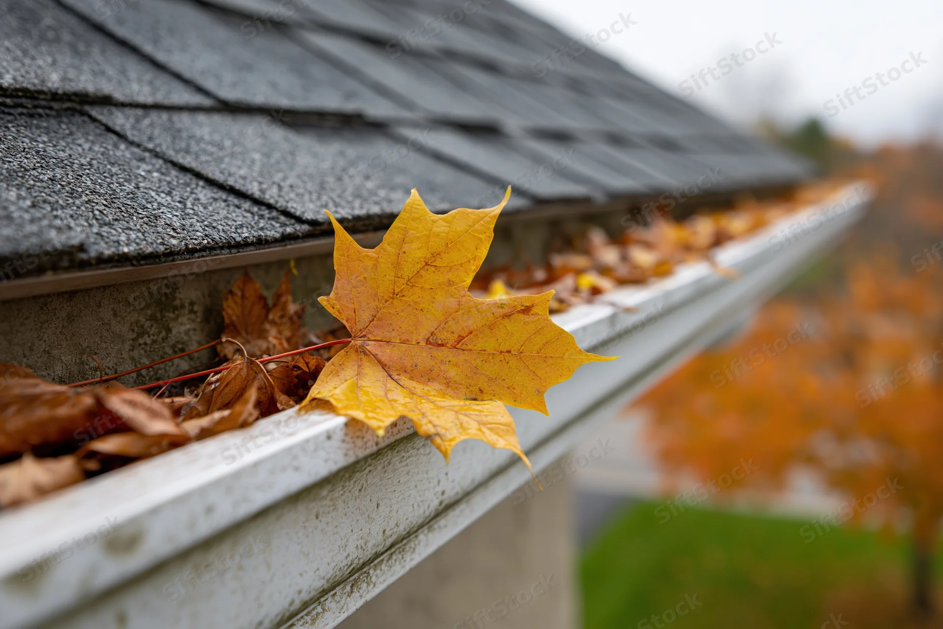 Clogged residential rain gutter filled with fallen maple leaves during autumn