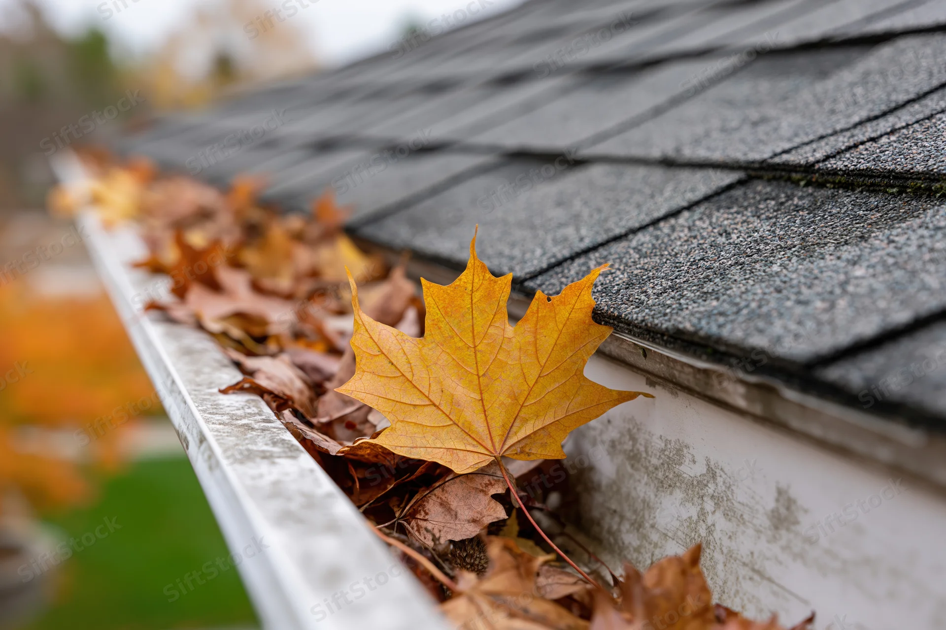 Clogged residential rain gutter filled with fallen maple leaves along roof edge