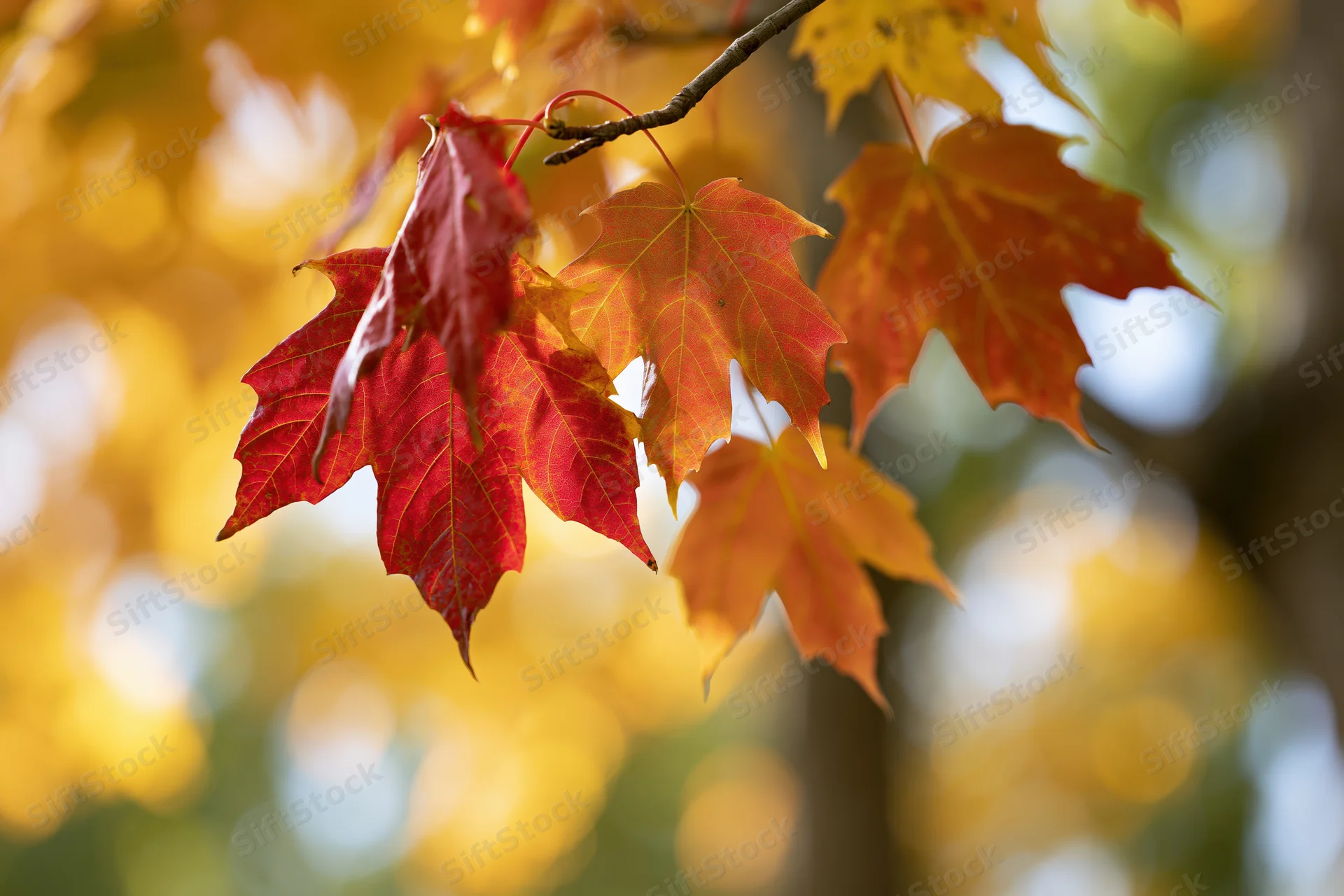 Red and orange maple leaves on a branch backlit by sunlight with blurred autumn foliage in the background