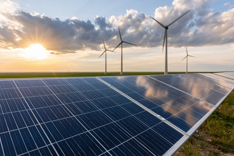 Solar panel array in foreground with wind turbines in field at sunset