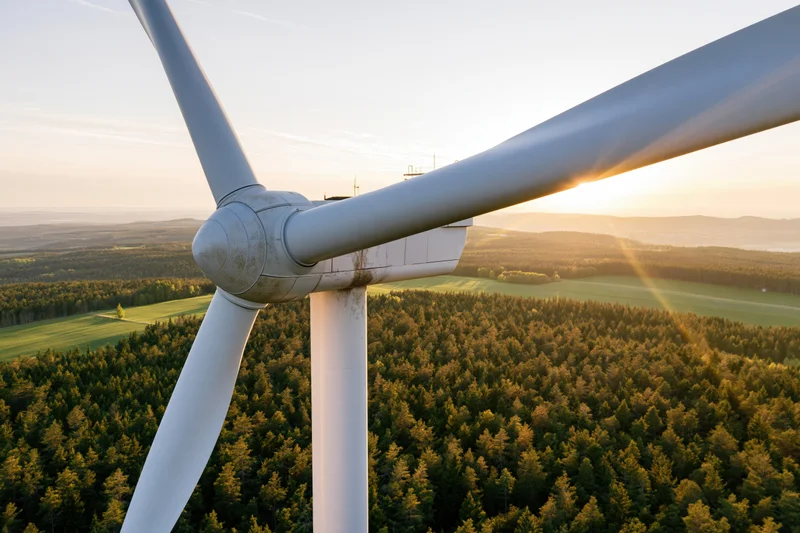Close aerial view of wind turbine hub and blades over forested countryside at sunset
