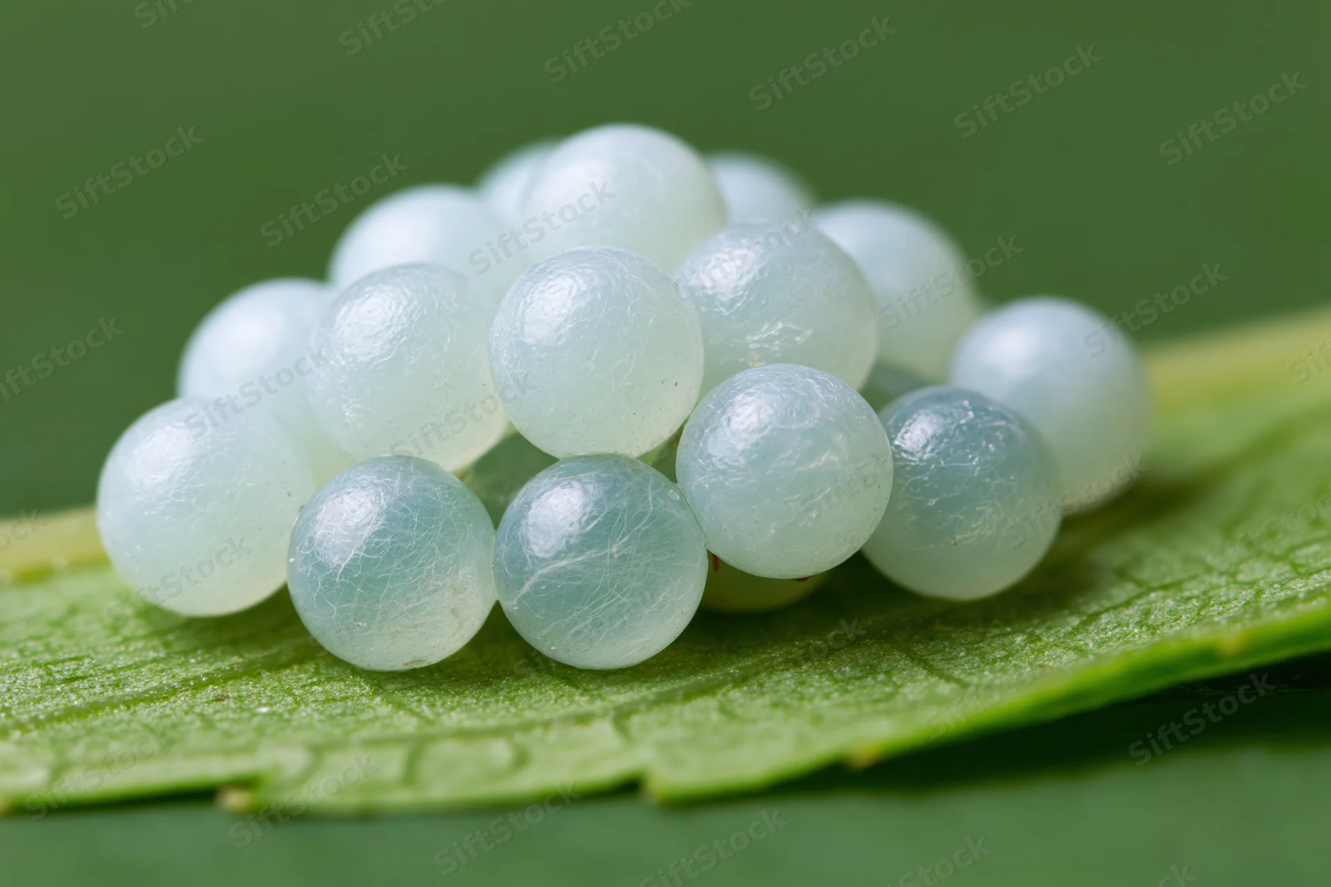 Cluster of pale translucent insect eggs arranged on a green leaf surface