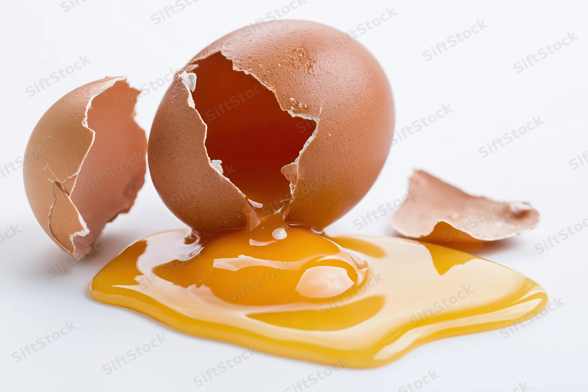 Cracked brown egg broken open on white surface with yolk spilled
