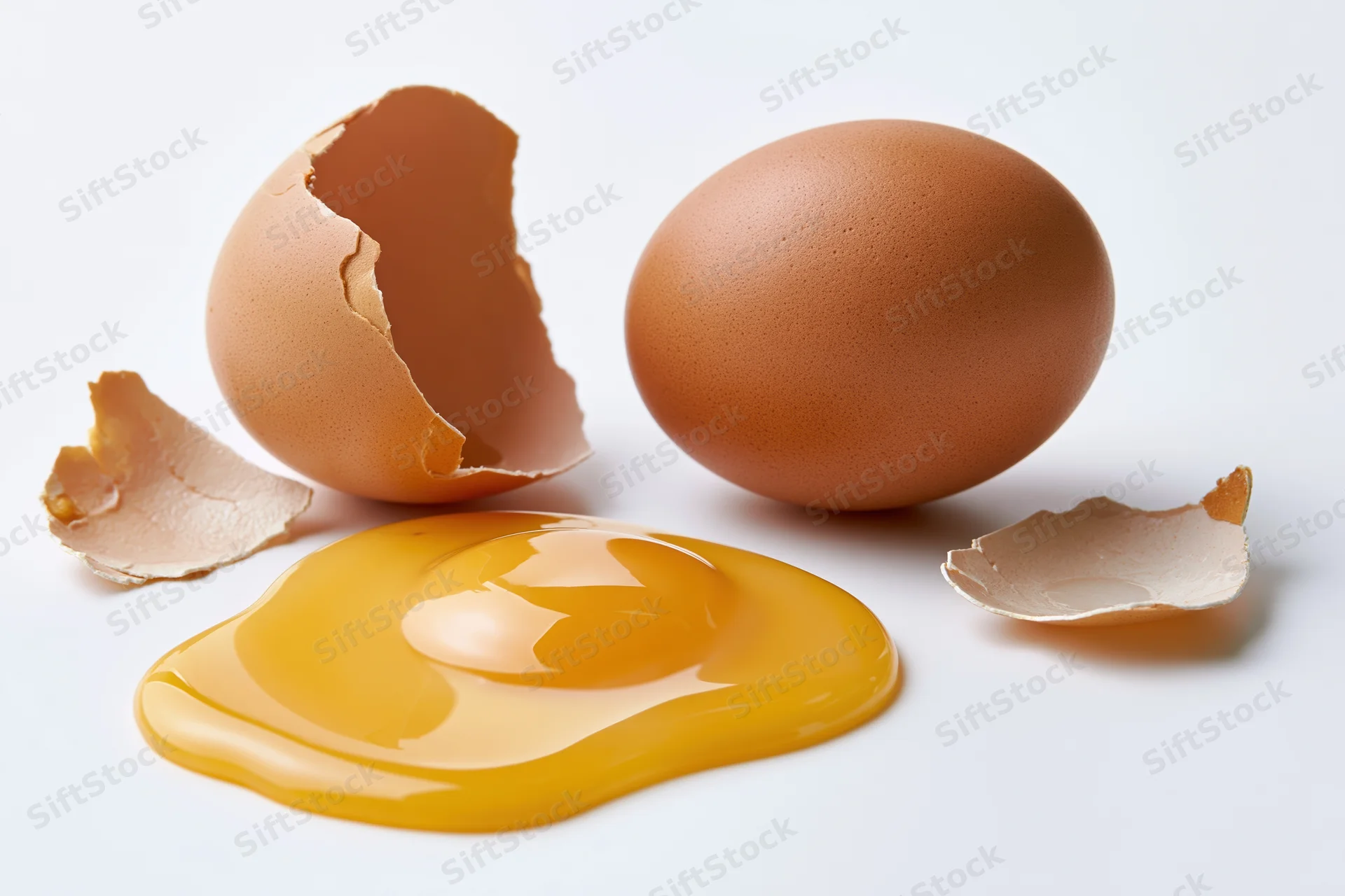 Cracked brown egg with spilled yolk and broken shell on white surface
