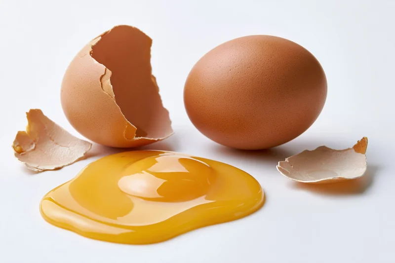 Cracked brown egg with spilled yolk and broken shell on white surface