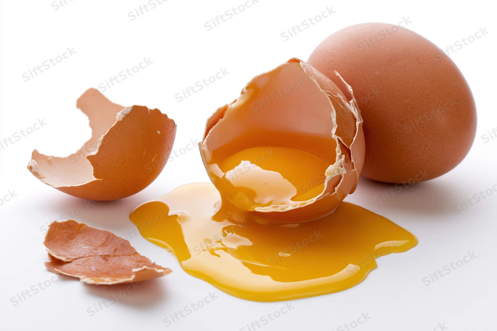 Cracked brown egg broken open on white surface with yolk spilled