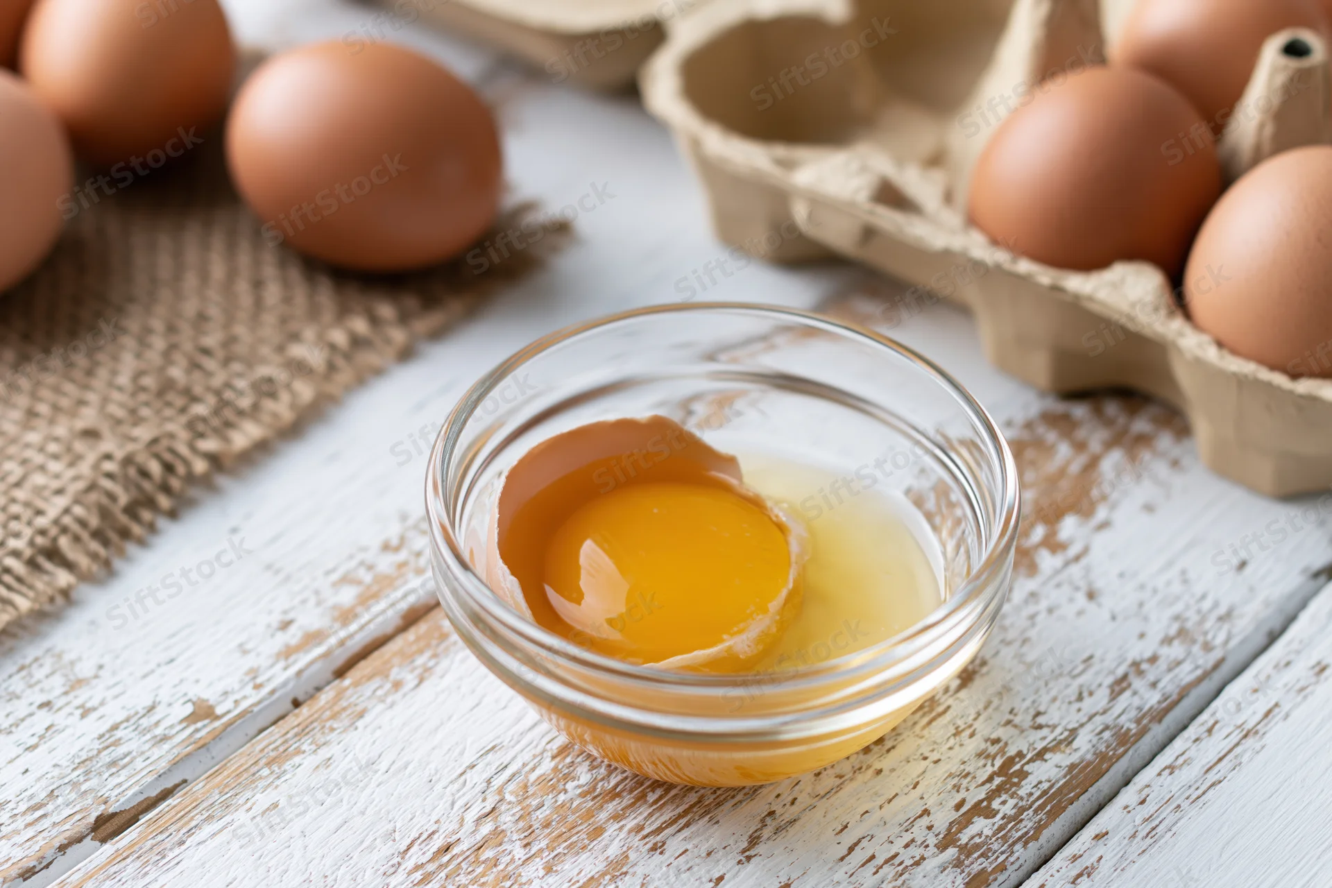 Cracked brown egg with yolk in a small glass bowl on a white wooden table