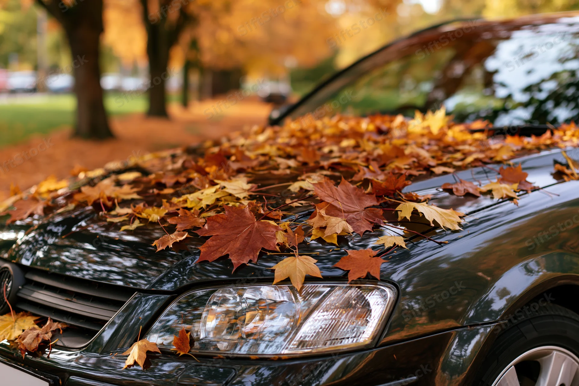 Dark car hood and headlight covered in fallen autumn maple leaves in a park setting
