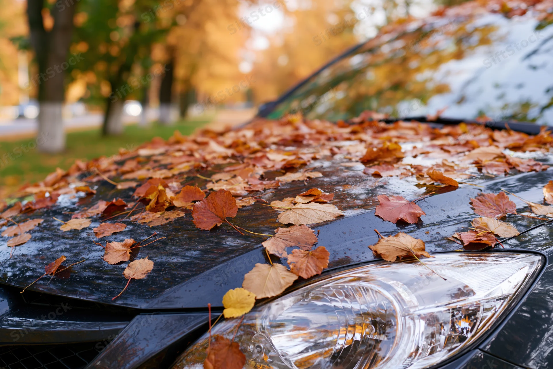 Dark car hood and headlight covered in fallen autumn maple leaves in a park setting