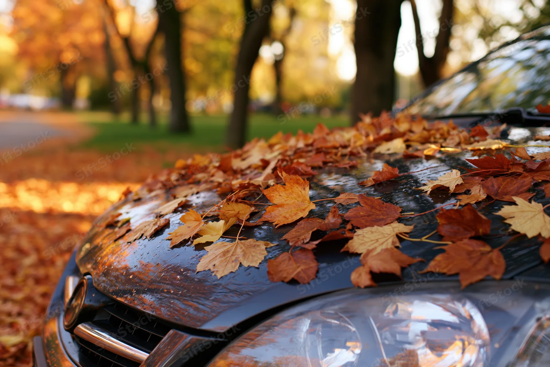 Dark car hood and headlight covered in fallen autumn maple leaves in a park setting