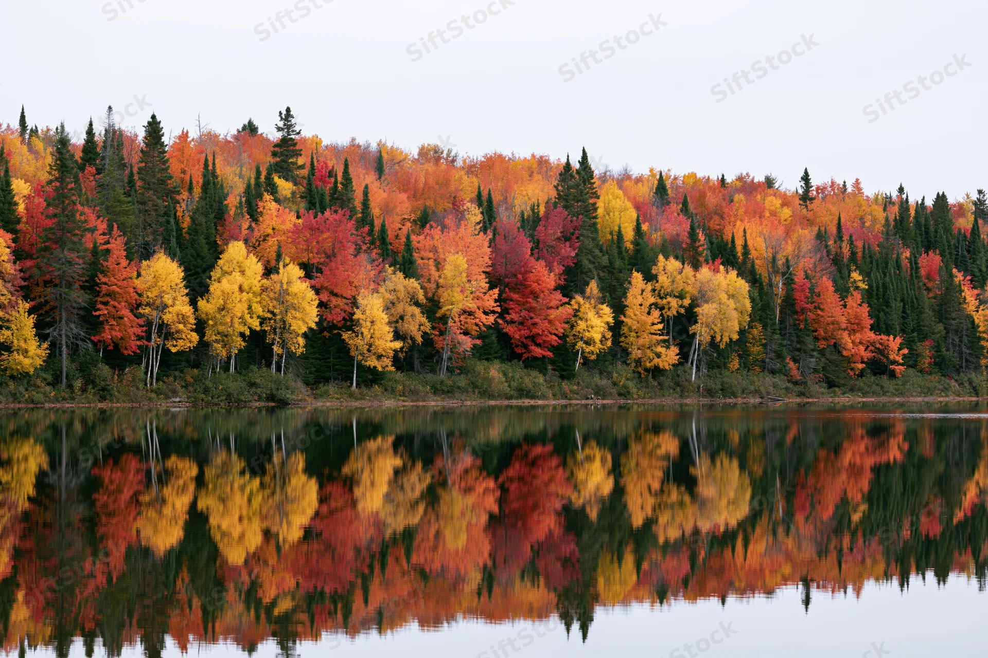 Dense mixed forest of maples and conifers in peak autumn foliage reflected in calm lake water