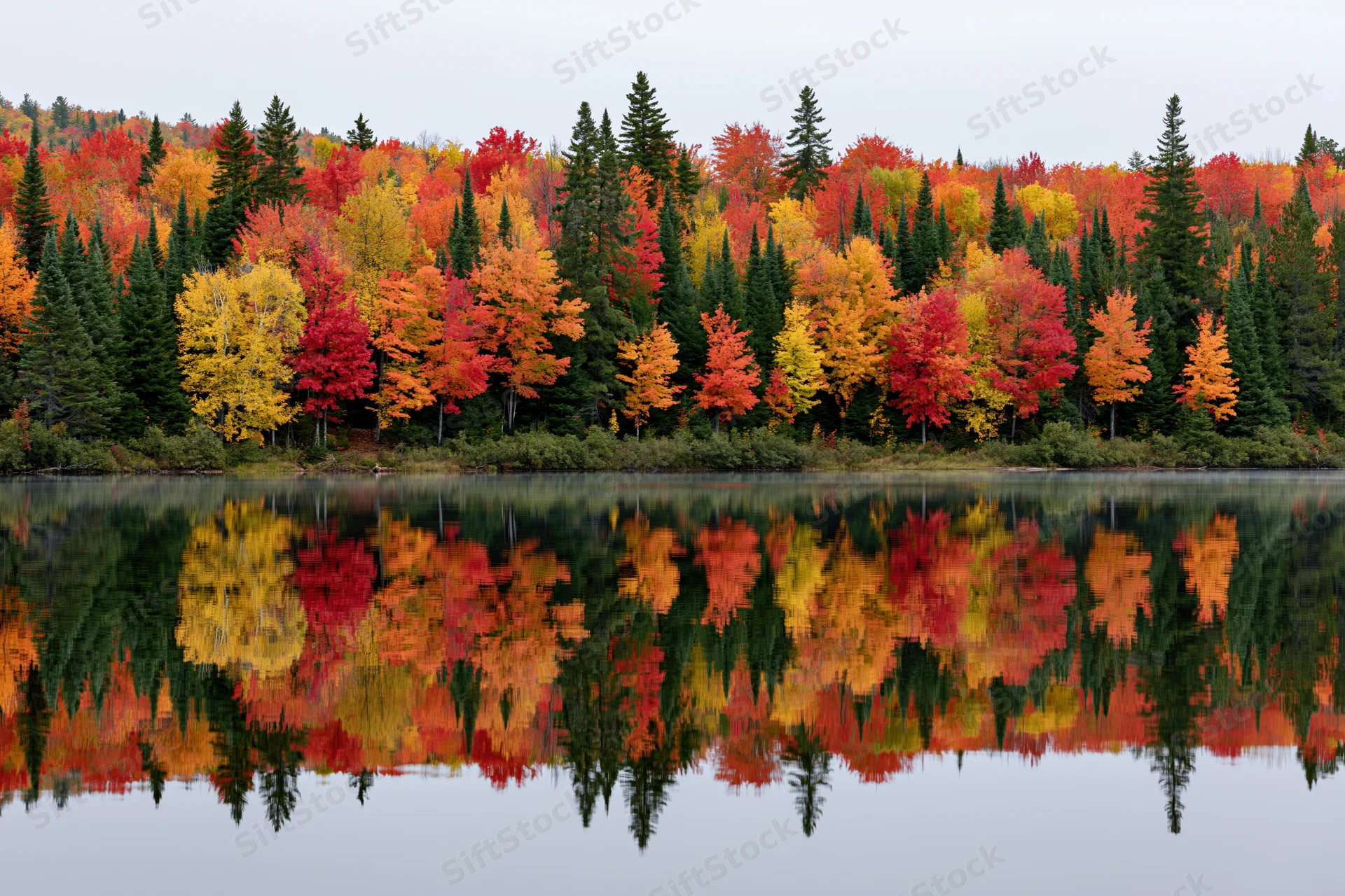 Dense mixed forest of maples and conifers in peak autumn foliage reflected in calm lake water