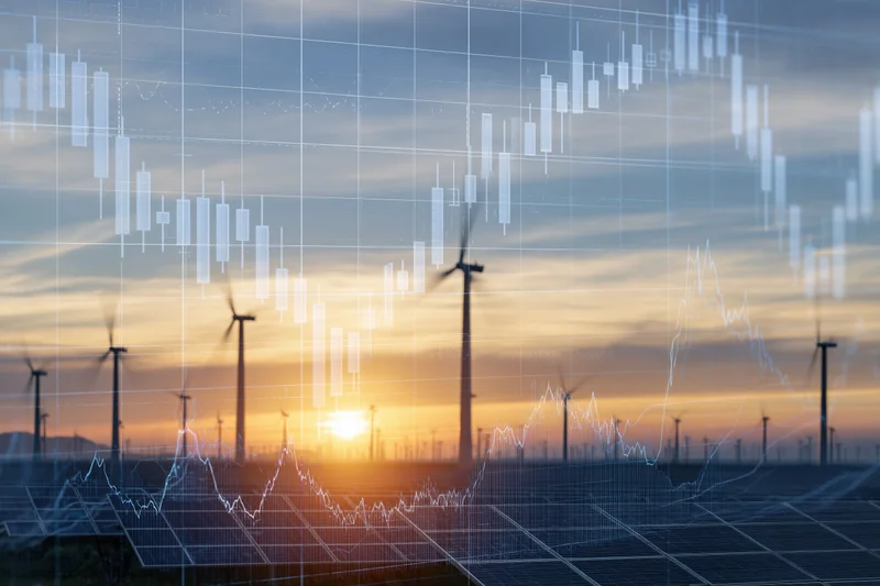 Wind turbines and solar panels in a field at sunset with financial data overlay