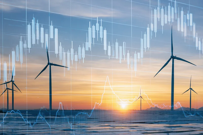 Wind turbines and solar panels in a double-exposure composite at sunset over the ocean with financial data overlays
