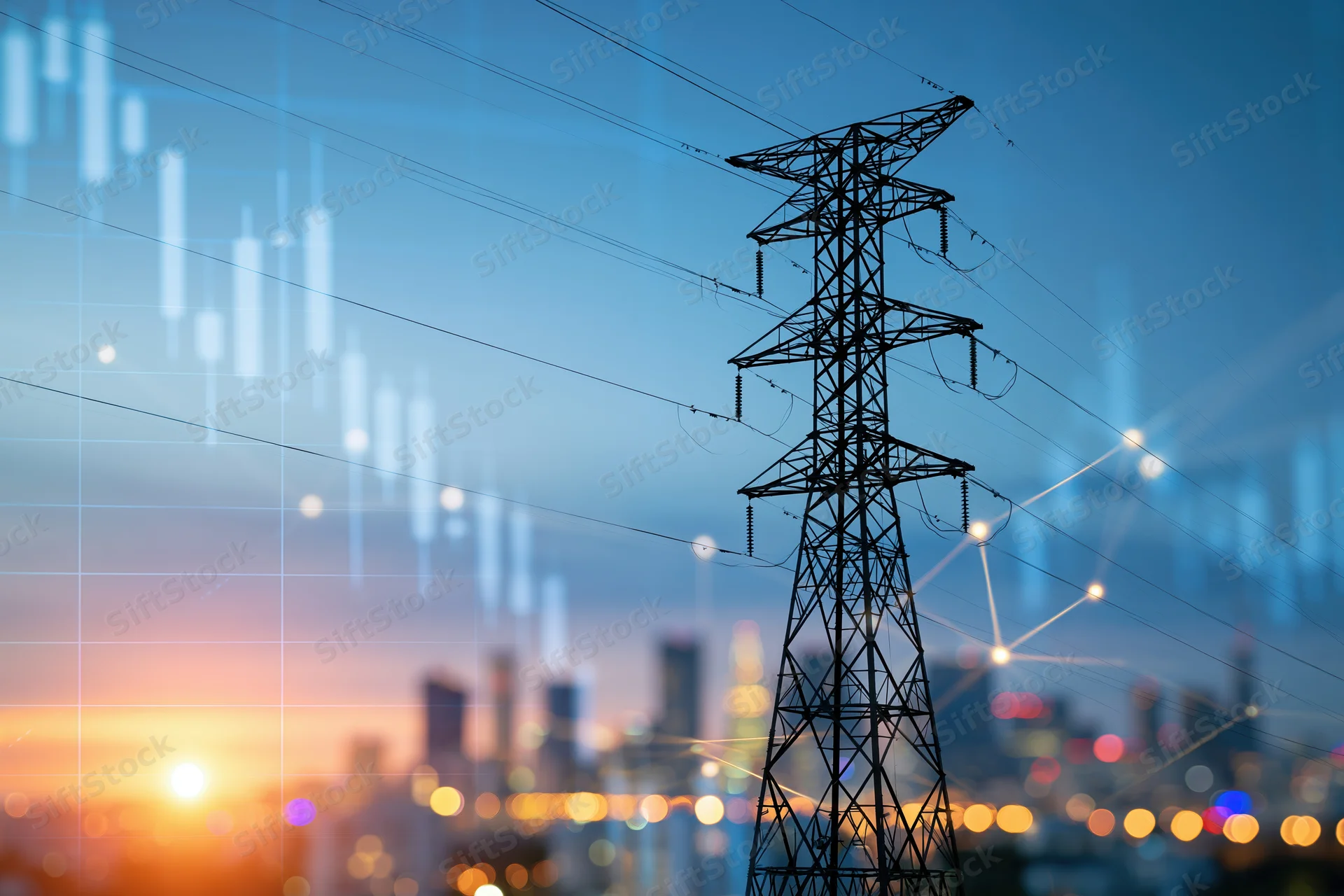 Steel high-voltage electricity transmission tower silhouetted against city skyline at sunset with digital data overlay