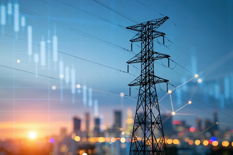 Steel high-voltage electricity transmission tower silhouetted against city skyline at sunset with digital data overlay