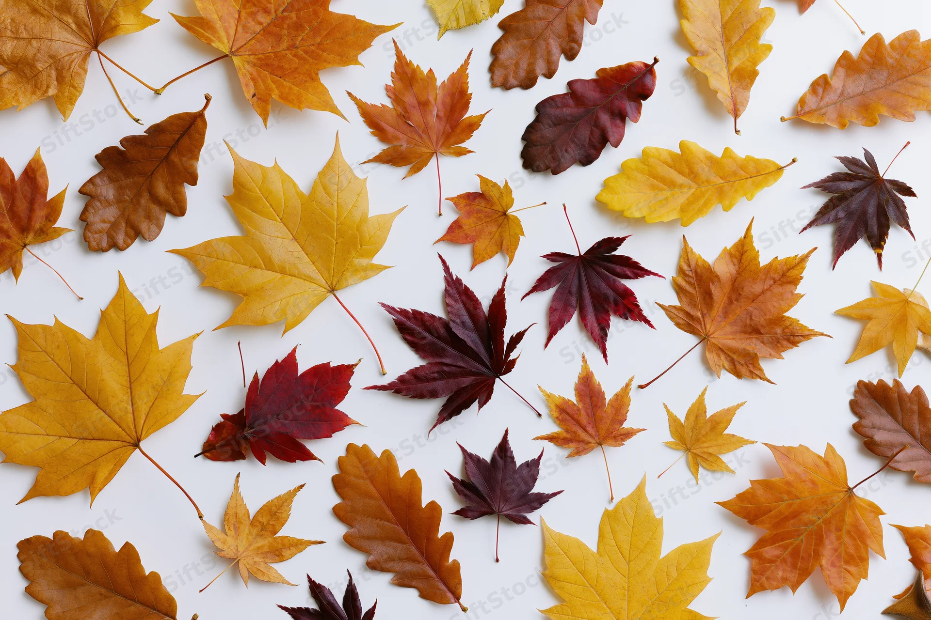 Autumn leaves scattered in flat lay arrangement on white background