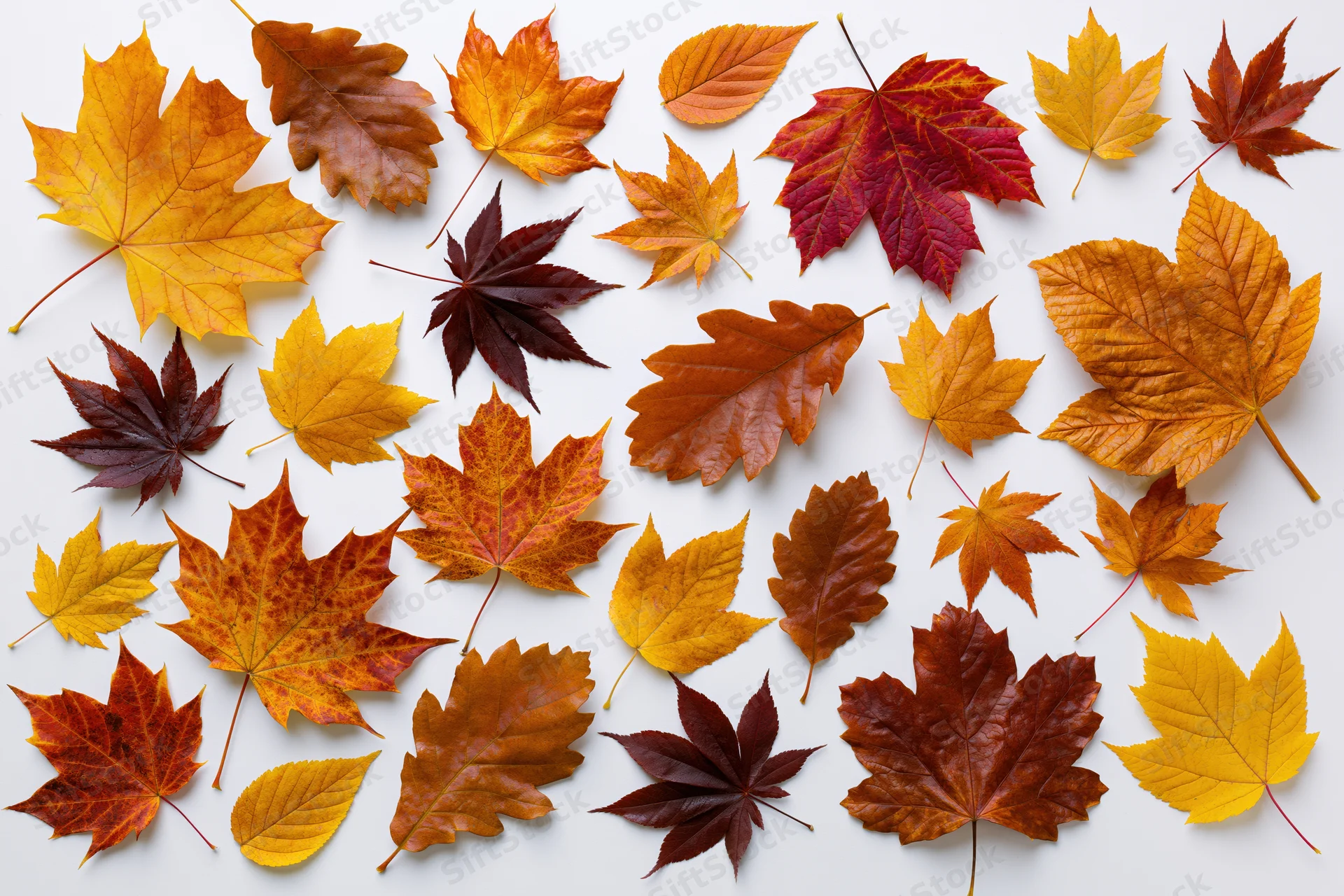Autumn leaves in varied shapes and sizes arranged flat on white background
