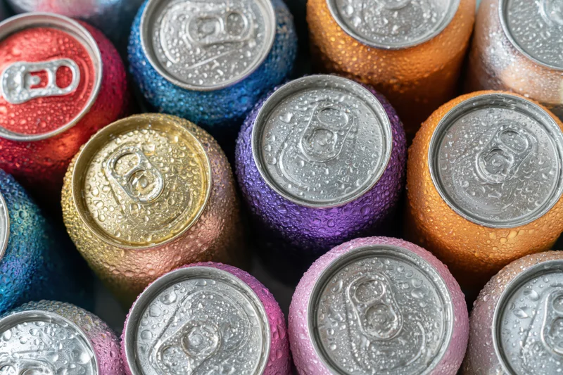Cold aluminum soda cans packed tightly together from top view