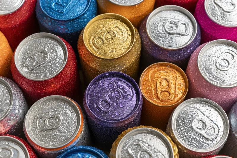 Cold aluminum soda cans packed tightly together from top view