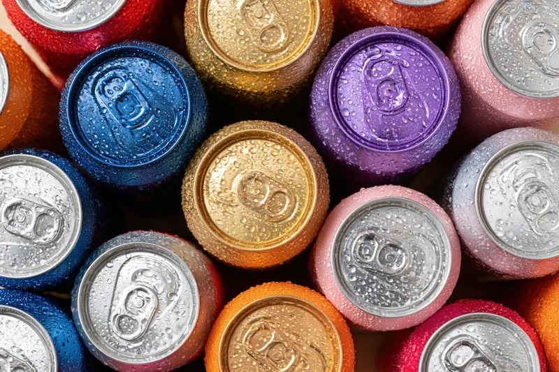 Cold aluminum soda cans packed tightly together viewed from top