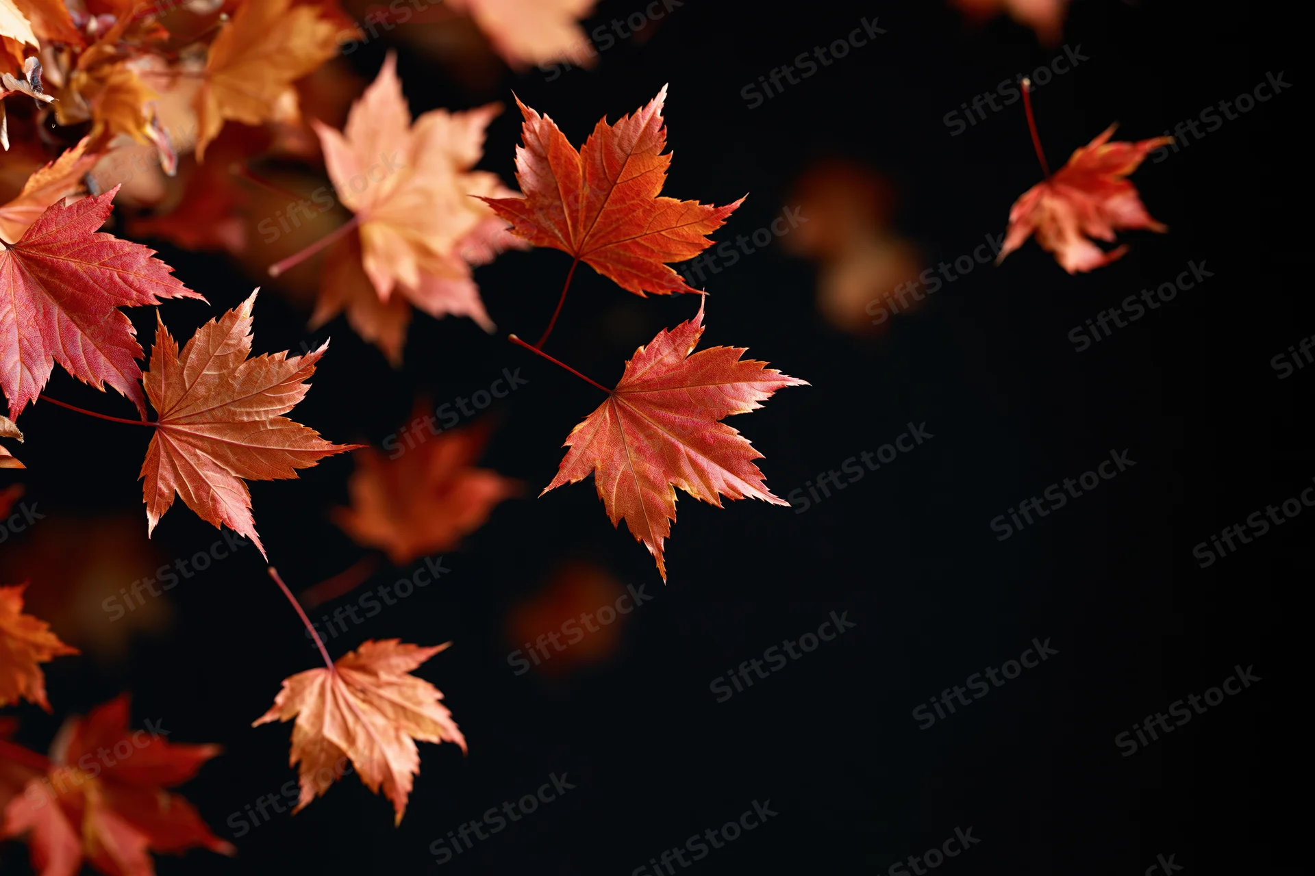 Red and orange maple leaves falling and scattered against a dark background with copyspace