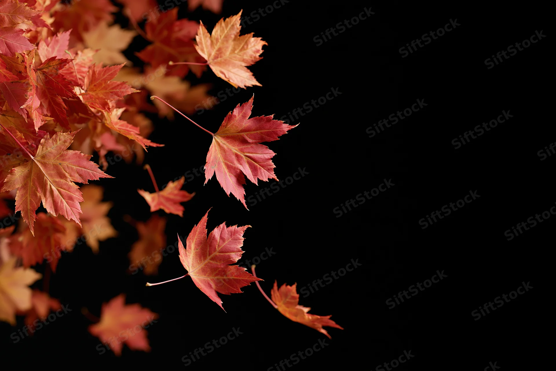 Red and orange maple leaves falling and scattered across a black background with copyspace on the right