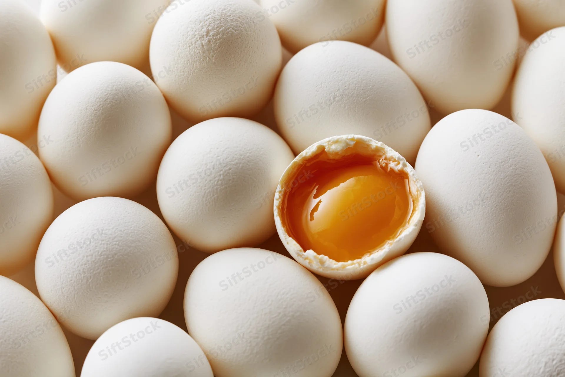 Cracked egg with visible yolk surrounded by whole white eggs in tight arrangement