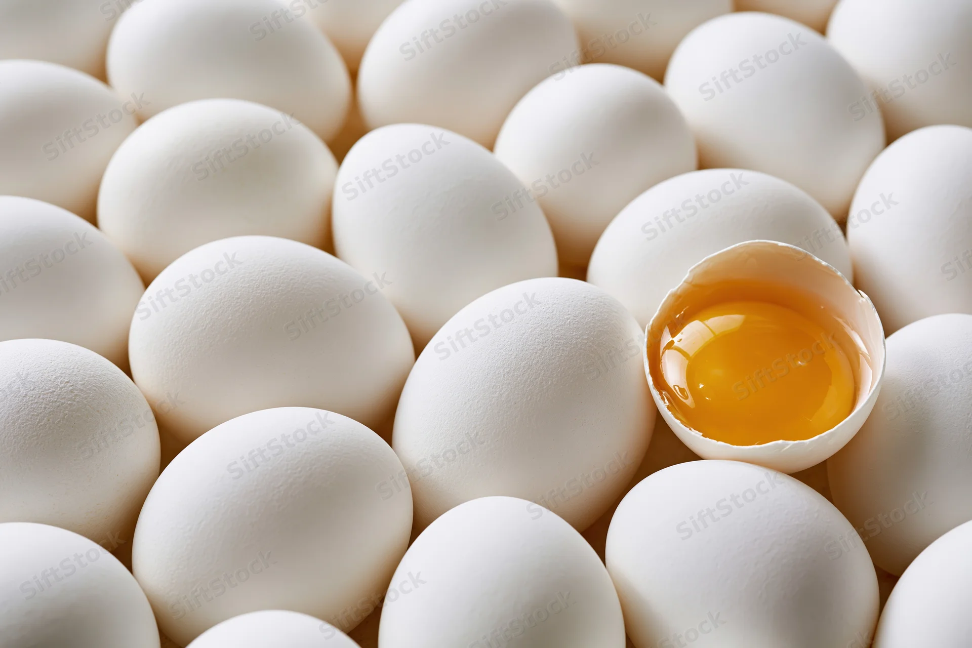 Dozens of whole white eggs packed tightly together with one cracked open revealing yolk