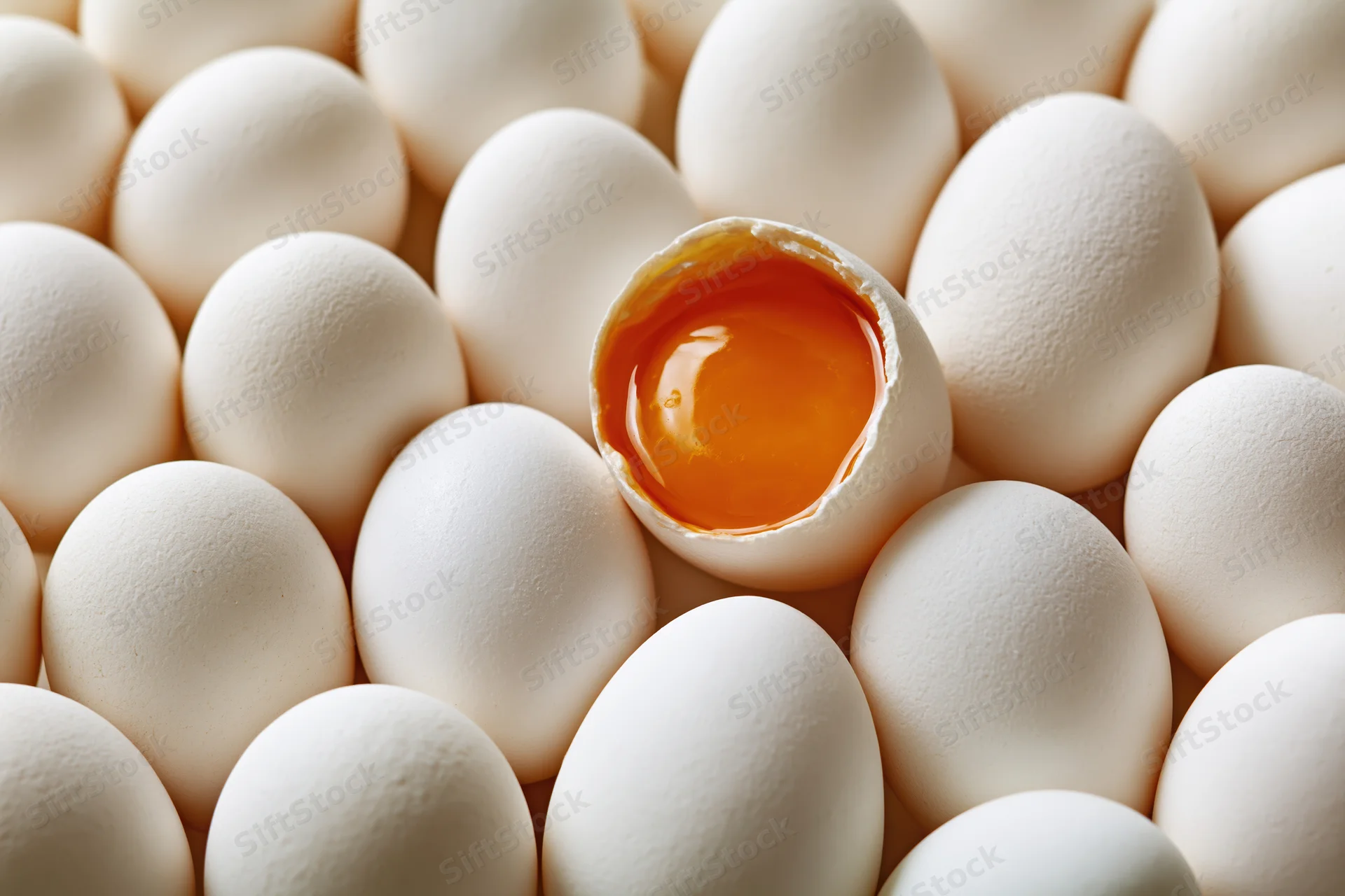 Cracked egg with visible yolk surrounded by whole white eggs in tight arrangement