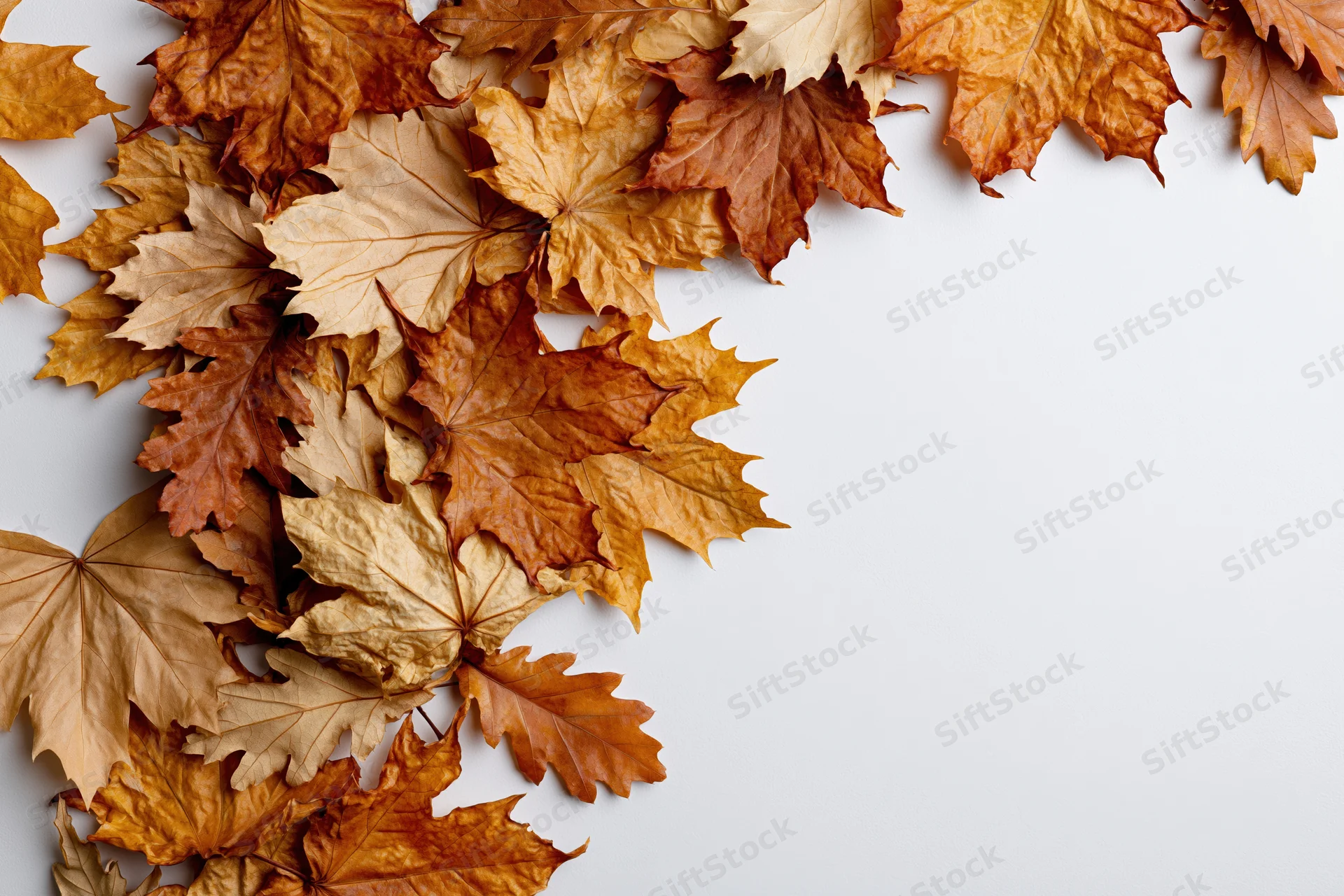 Dried maple leaves arranged along the left and top edges of a white surface, forming a natural border with copyspace on the right