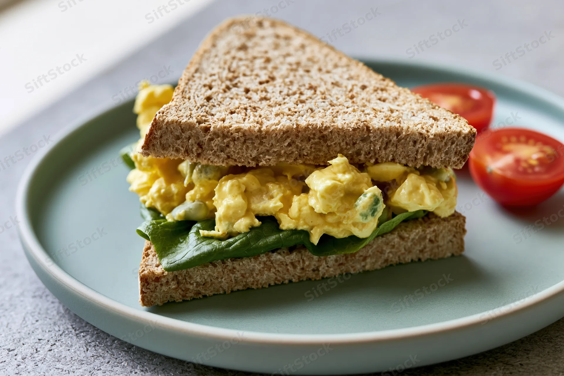 Triangular egg salad sandwich on wholegrain bread with spinach and cherry tomato slices on a light grey ceramic plate