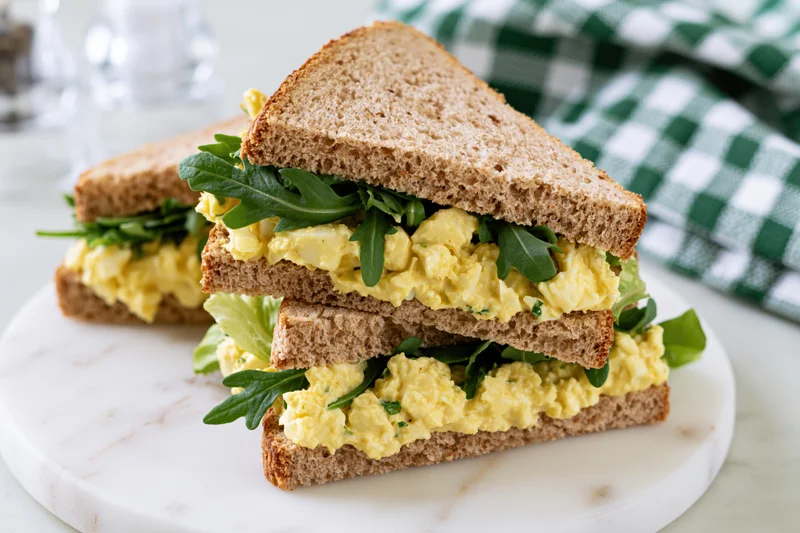 Egg salad sandwich cut in half and stacked on a white marble plate with arugula and lettuce, beside a checkered napkin
