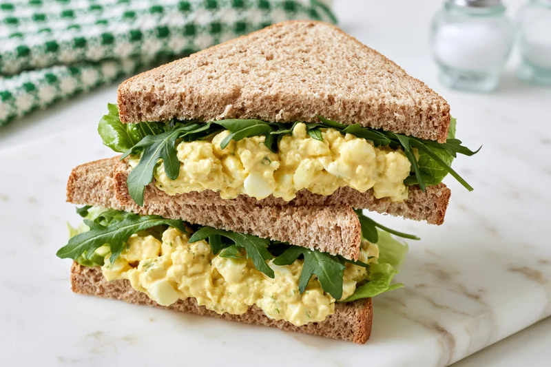 Egg salad sandwich cut in half and stacked on white marble countertop with arugula and lettuce layers