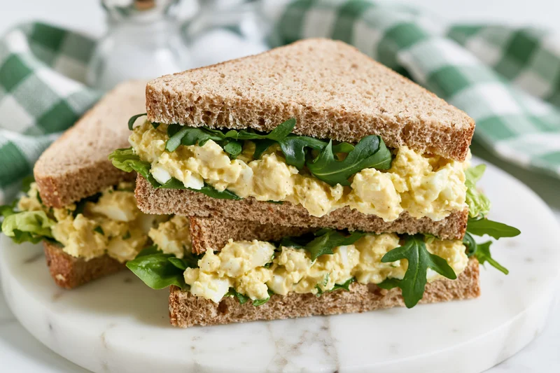 Egg salad sandwich cut in half and stacked on a white marble plate with arugula filling