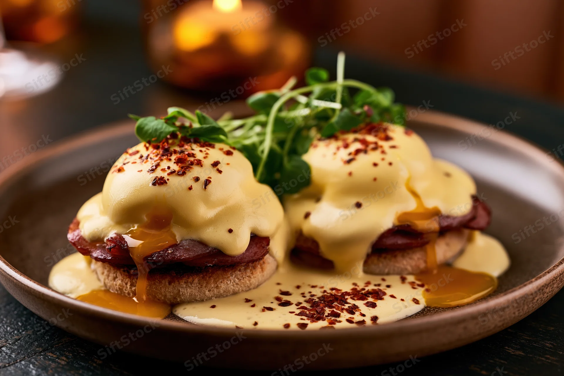 Two eggs benedict with hollandaise sauce and bacon on dark ceramic plate garnished with microgreens