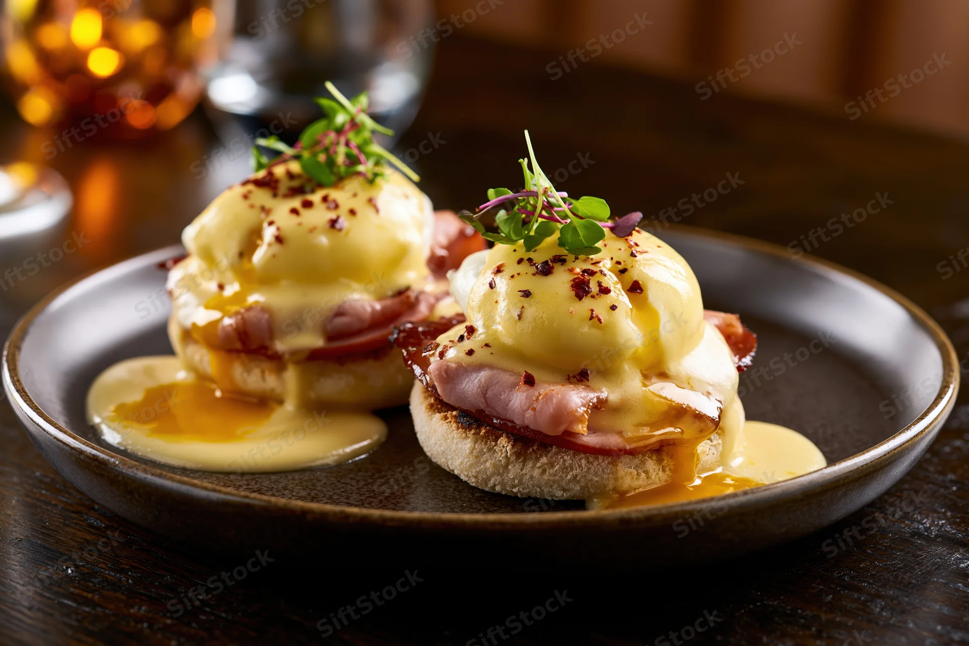 Two eggs benedict with hollandaise sauce and ham on dark ceramic plate with garnish and warm lighting on wooden table