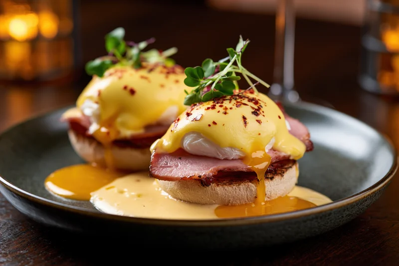 Two eggs benedict with poached eggs and hollandaise sauce on dark ceramic plate with microgreens garnish
