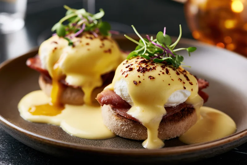 Two eggs benedict with poached eggs, bacon, hollandaise sauce, and microgreens on a dark ceramic plate