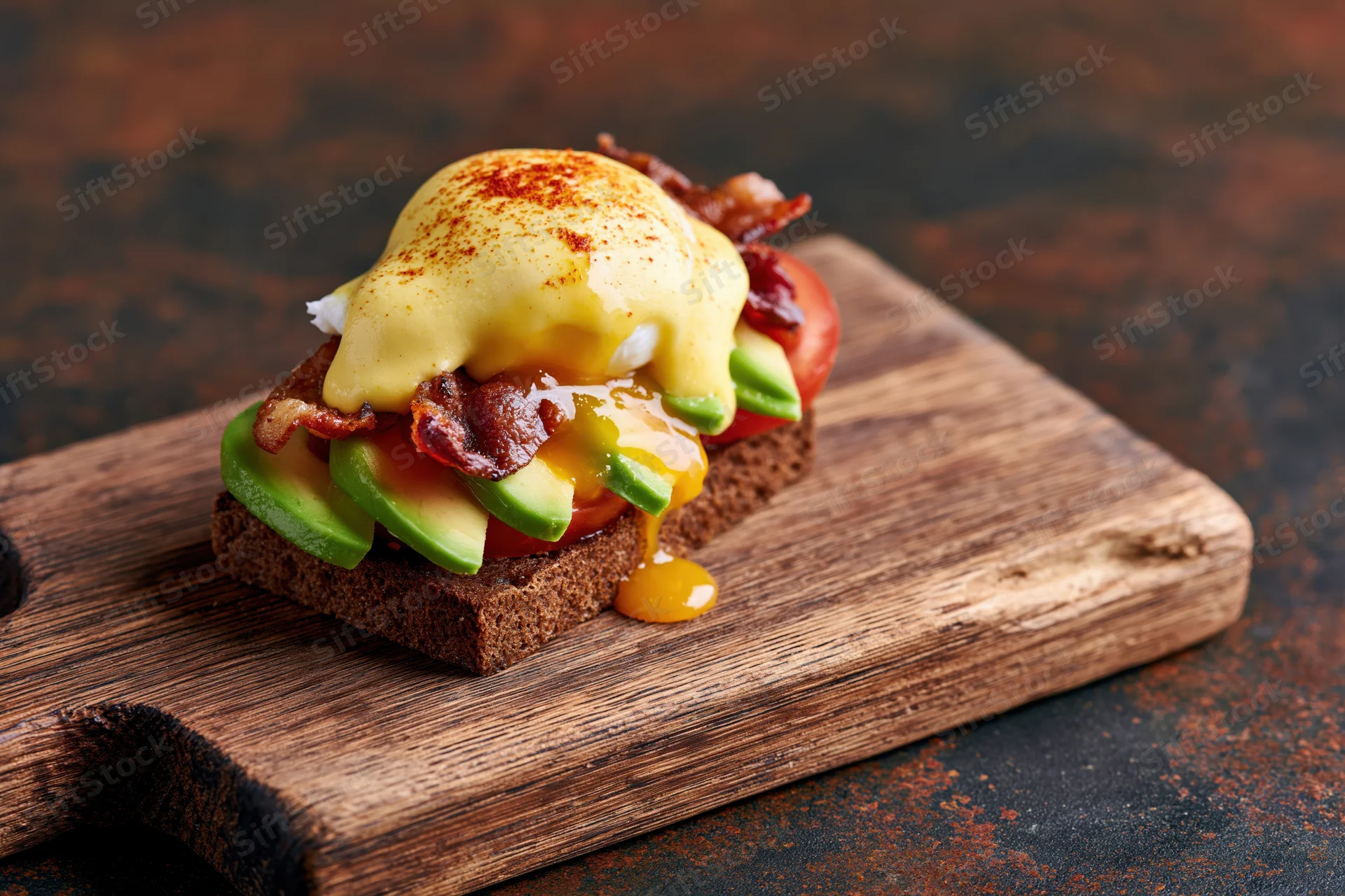 Openface eggs benedict on dark rye toast with avocado, tomato, bacon and hollandaise sauce on wooden board