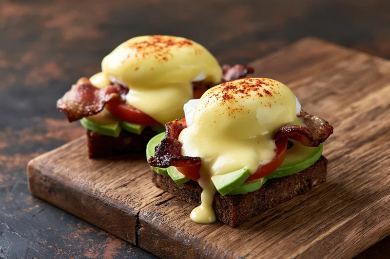 Eggs benedict open sandwich with avocado and bacon on dark rye toast served on wooden cutting board