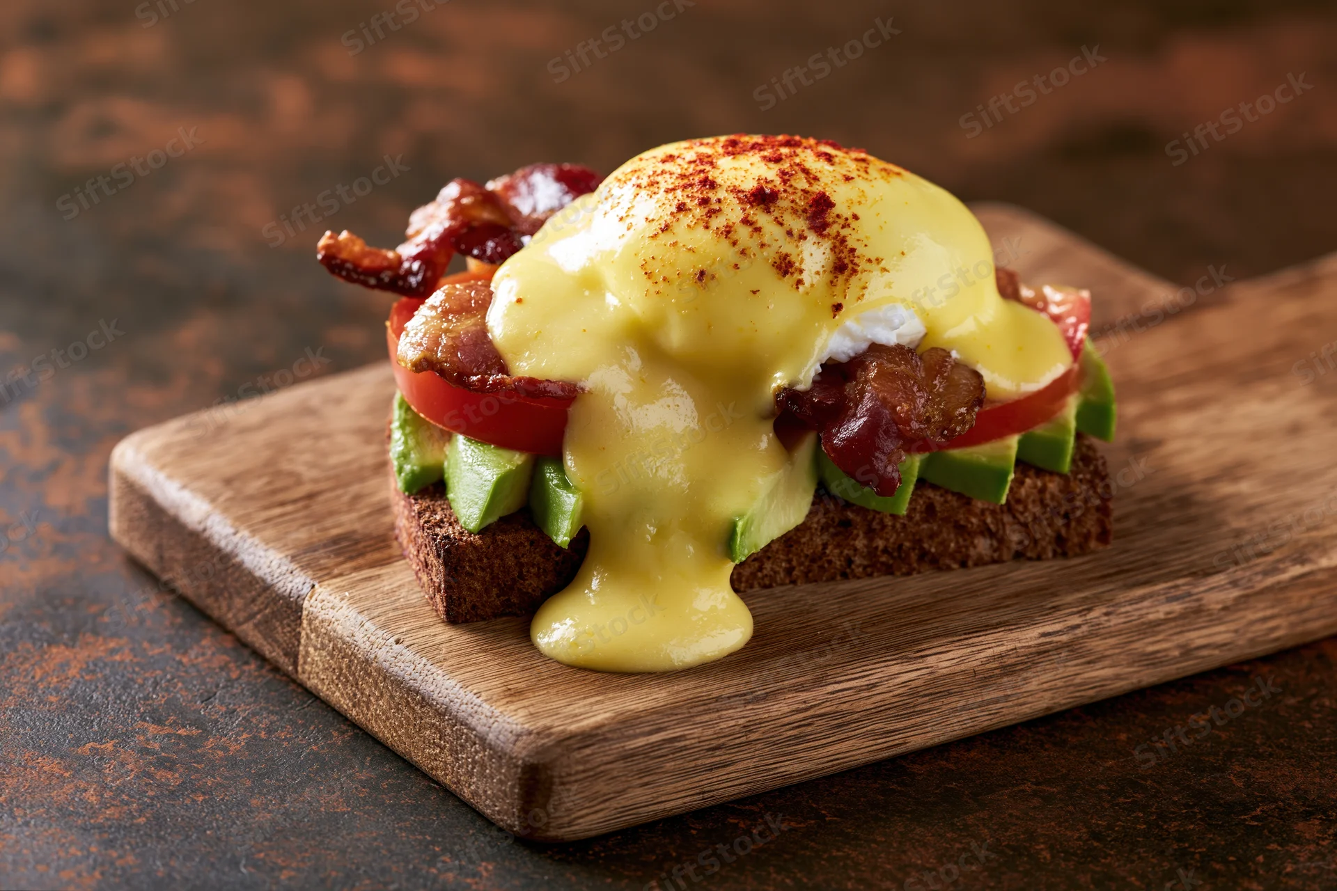 Eggs benedict open sandwich on dark rye toast layered with avocado, bacon, tomato and hollandaise sauce on wooden cutting board